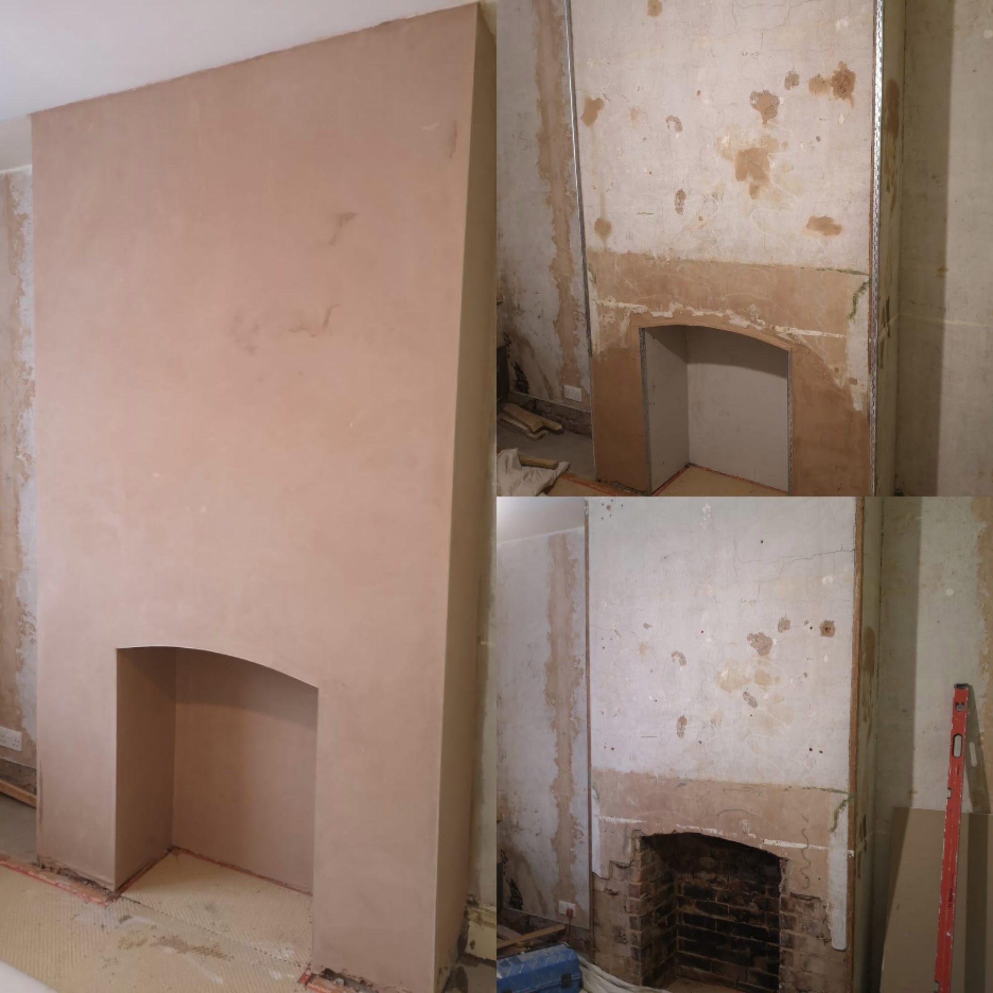 A chimney breast and fireplace alcove boarded and plastered, shown with before shots